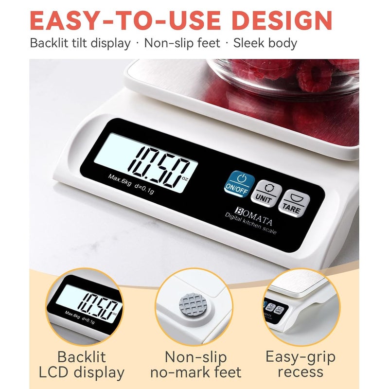 BOMATA 0.1g/ 13lb Food Scale, Digital Kitchen Scale with Removable Stainless Steel Pan, Backlit LCD Display, for Cooking, Baking B621 White - Image 4
